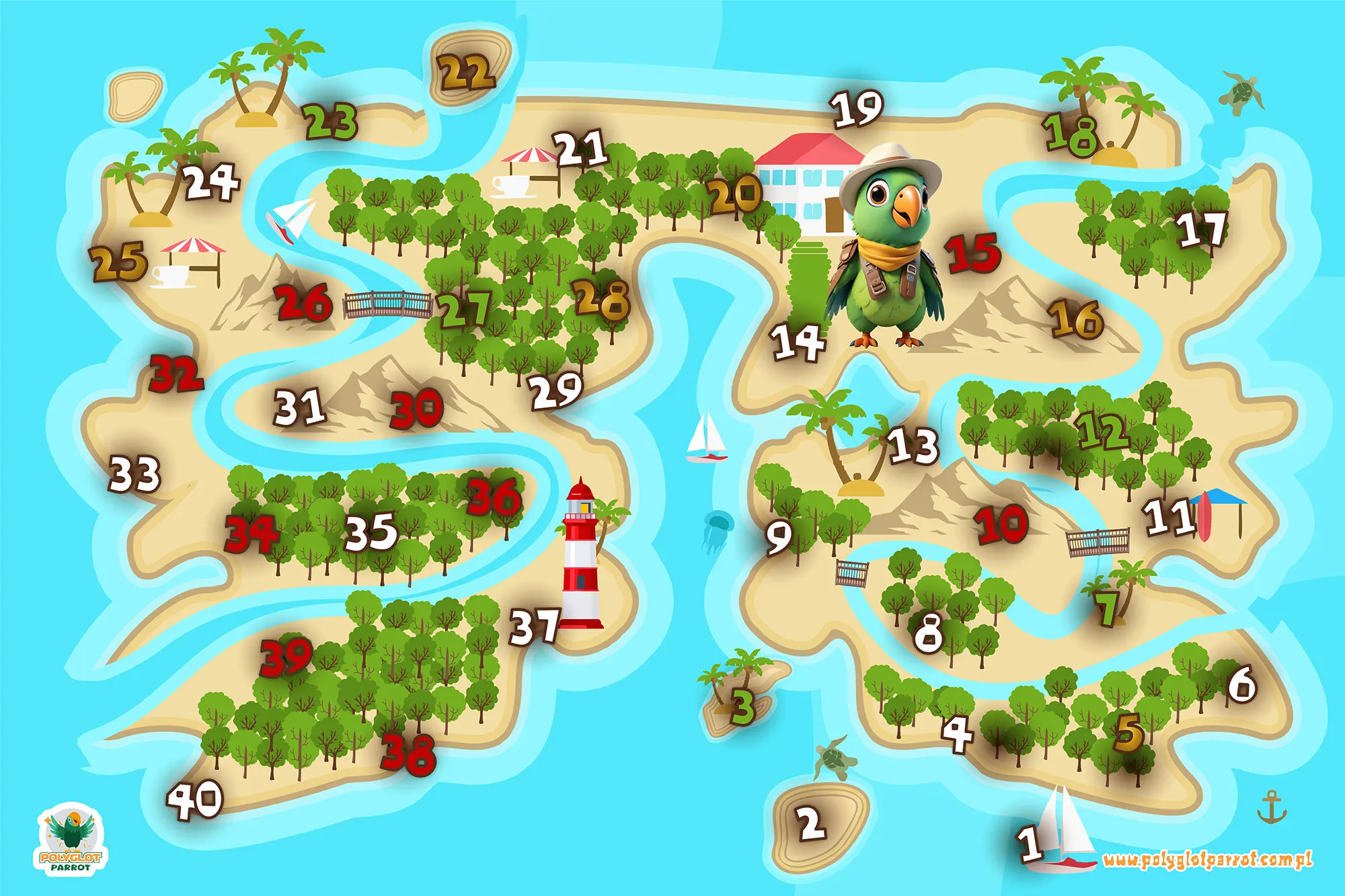 Plansza edukacyjnej gry Mystery Island – wyspa z polami do nauki słówek
