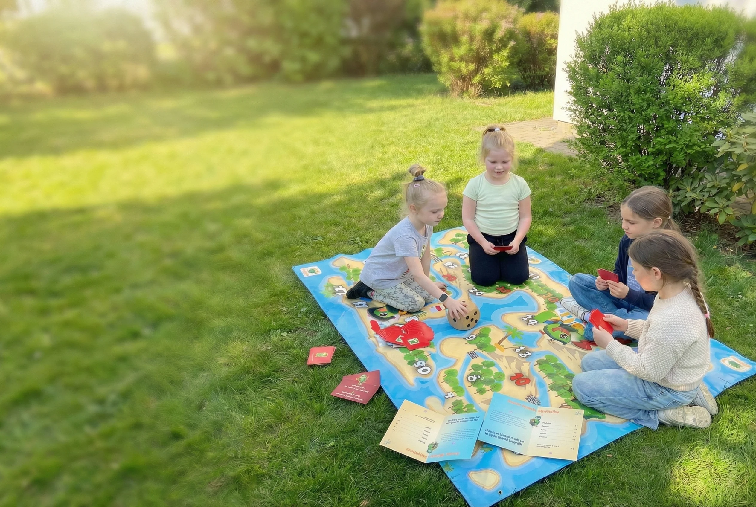 Dzieci grające na wielkoformatowej macie edukacyjnej Mystery Island na trawie